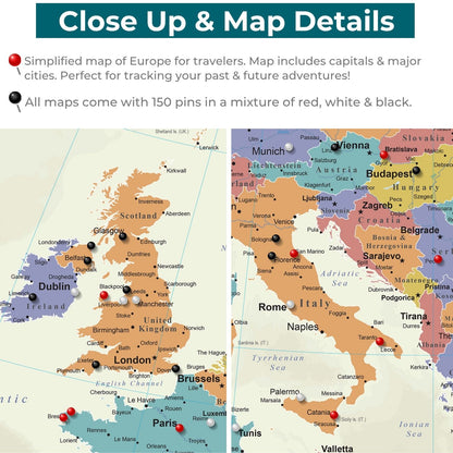 Close-up detail of Europe push pin travel map showing UK, Italy, and Balkans with red, white, and black pins