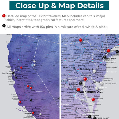 Close-up detail of vibrant violet watercolor USA canvas travel map with red black white pins marking cities