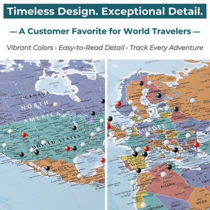 Gallery Wrapped - Blue Oceans World Travel Map with pins
