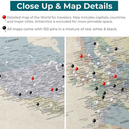 Close-up detail of Sandy Dreams World Travel Map canvas showing red black white push pins marking cities across Europe and North America