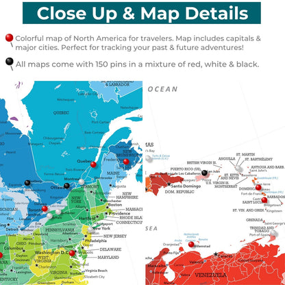 Close-up detail view of colorful North America canvas travel map with red black and white pins