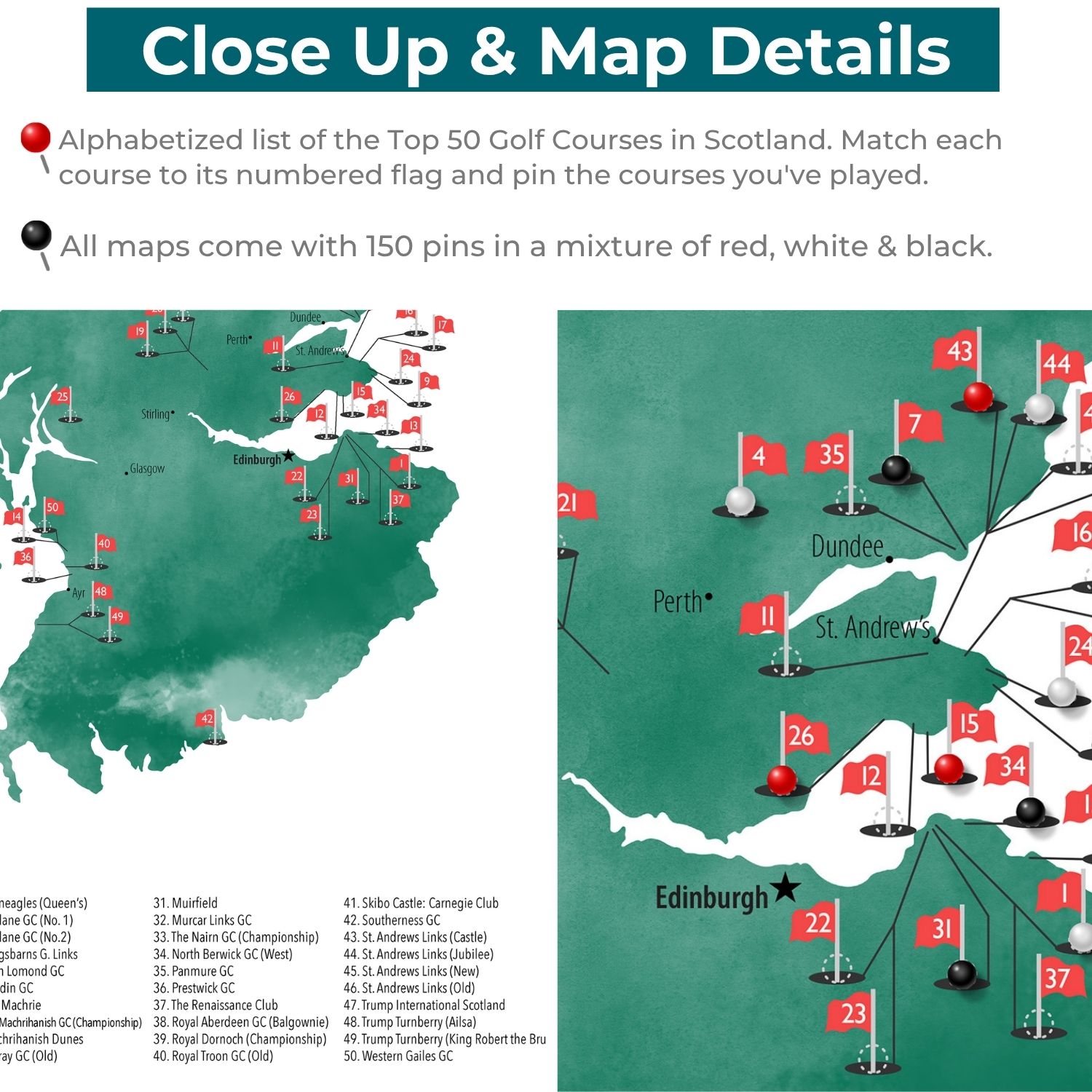 Canvas - Scotland Golf Courses Travel Map with Pins