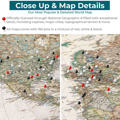 Close-up detail of executive world travel map with red black and white pins marking cities across Europe North America