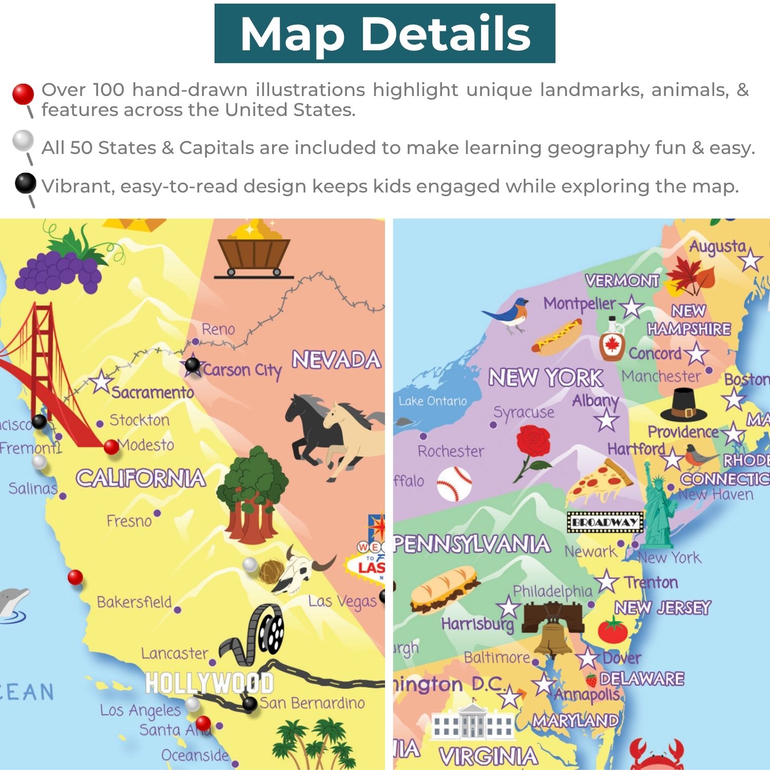 Canvas - Kids USA Travel Map with pins