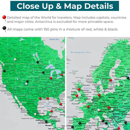 Close-up detail of Emerald Watercolor World Map canvas showing North America and Europe with red black white pins marking cities