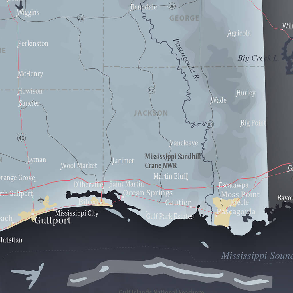 Slate Mississippi Wall Map Closeup