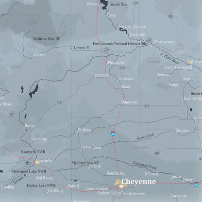 Wall Map of Wyoming State Closeup