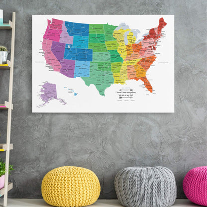 Gallery Wrapped - Colorful USA Travel Map with pins