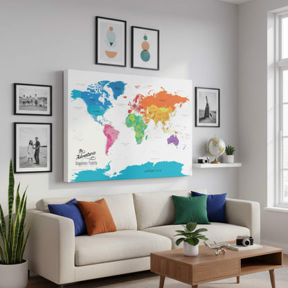 Gallery Wrapped - Colorful World Travel Map with pins