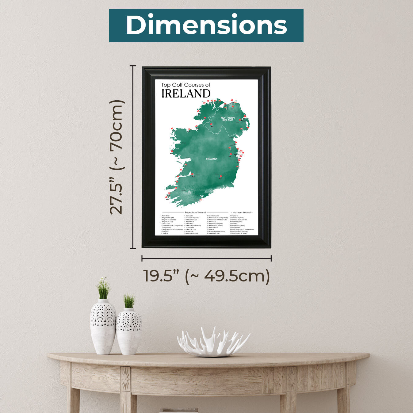 Framed Dimensions of Ireland and Northern Ireland Push Pin Travel Map of Golf Courses