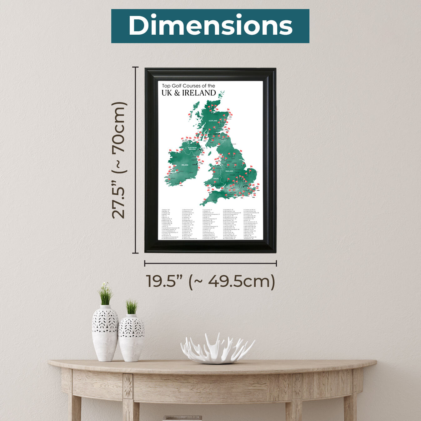 Framed Outer Dimensions of The UK & Ireland Top Golf Courses Map