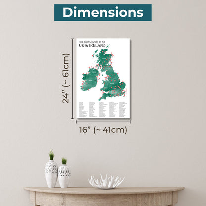 Gallery Wrapped Dimensions of 16" x 24" Size  The UK and Ireland  Golf Courses Map