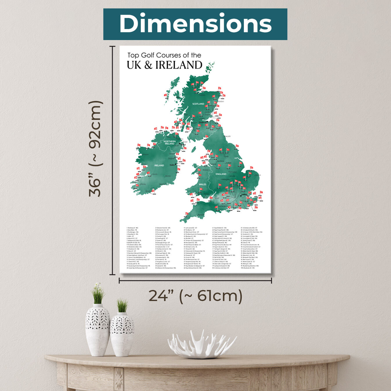 Gallery Wrapped Dimensions of 24" x 36" Size  The UK and Ireland  Golf Courses Map