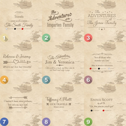 Nine customizable vintage Europe travel map canvas designs showing personalized text styles and pin legend options on aged parchment background