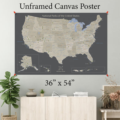 Earth Toned USA National Park Map Poster - 36x54" size