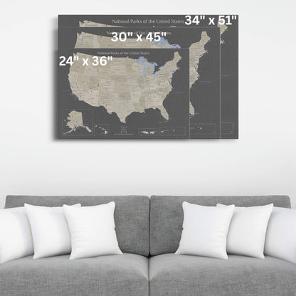 Gallery Wrapped - Earth Toned National Parks of the USA Travelers Map with Pins