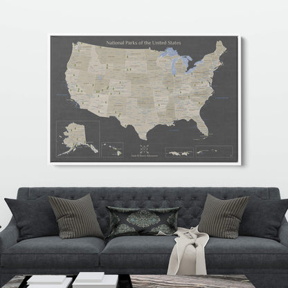 Canvas - Earth Toned National Parks of the USA Travel Map with pins