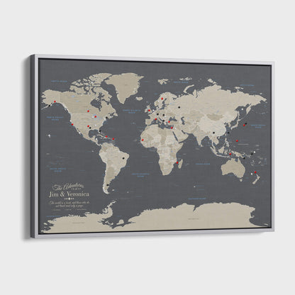 Canvas - Earth Toned World Travel Map with pins