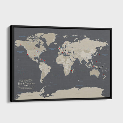 Canvas - Earth Toned World Travel Map with pins