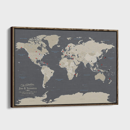 Canvas - Earth Toned World Travel Map with pins