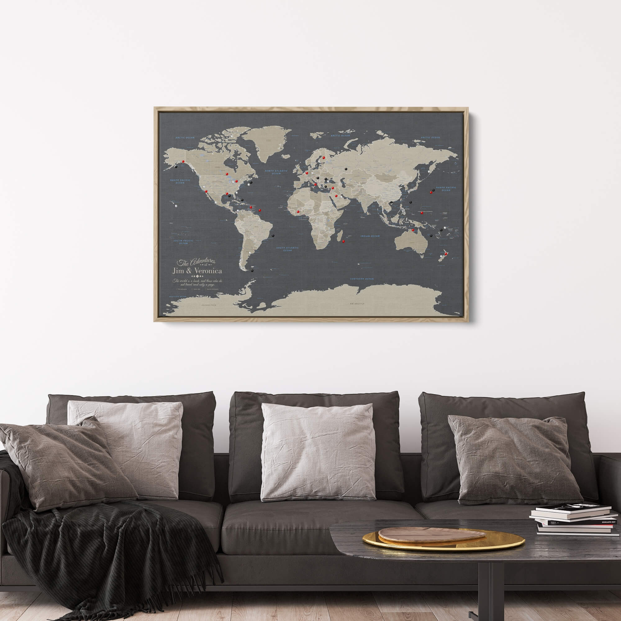 Canvas - Earth Toned World Travel Map with pins