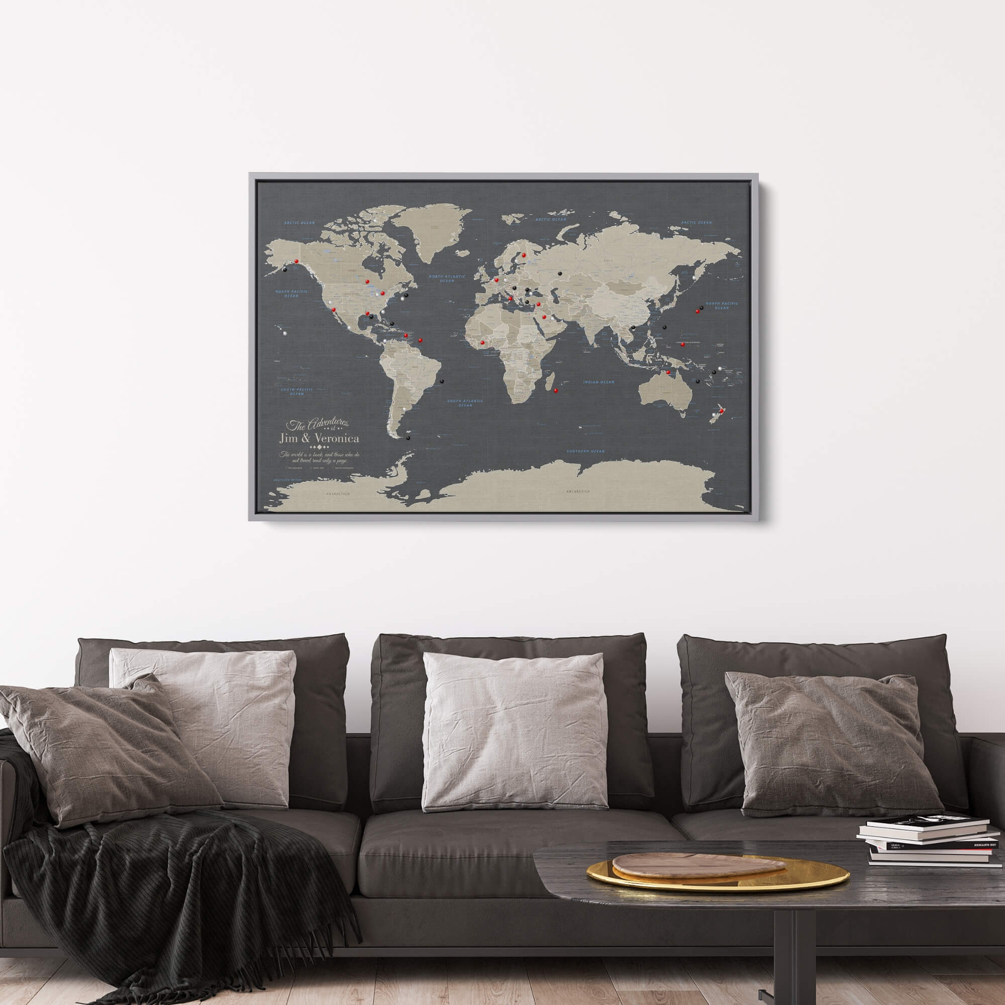 Canvas - Earth Toned World Travel Map with pins