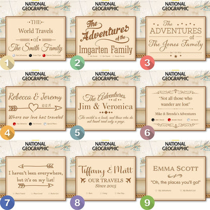 Nine personalized National Geographic world travel map canvas design style options numbered one through nine