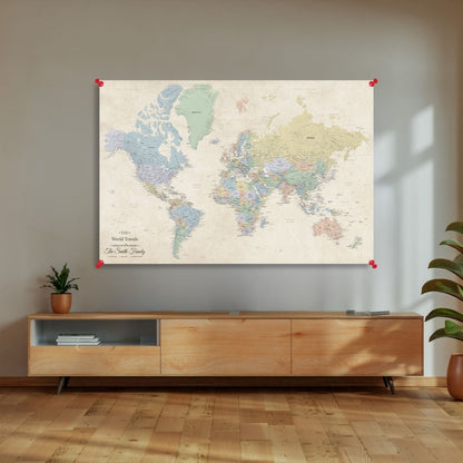 Sandy Dreams World map poster on a wall. 