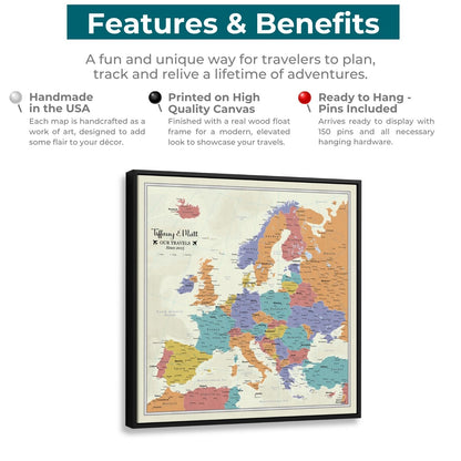 Features and benefits infographic for personalized Europe push pin travel map canvas with black float frame