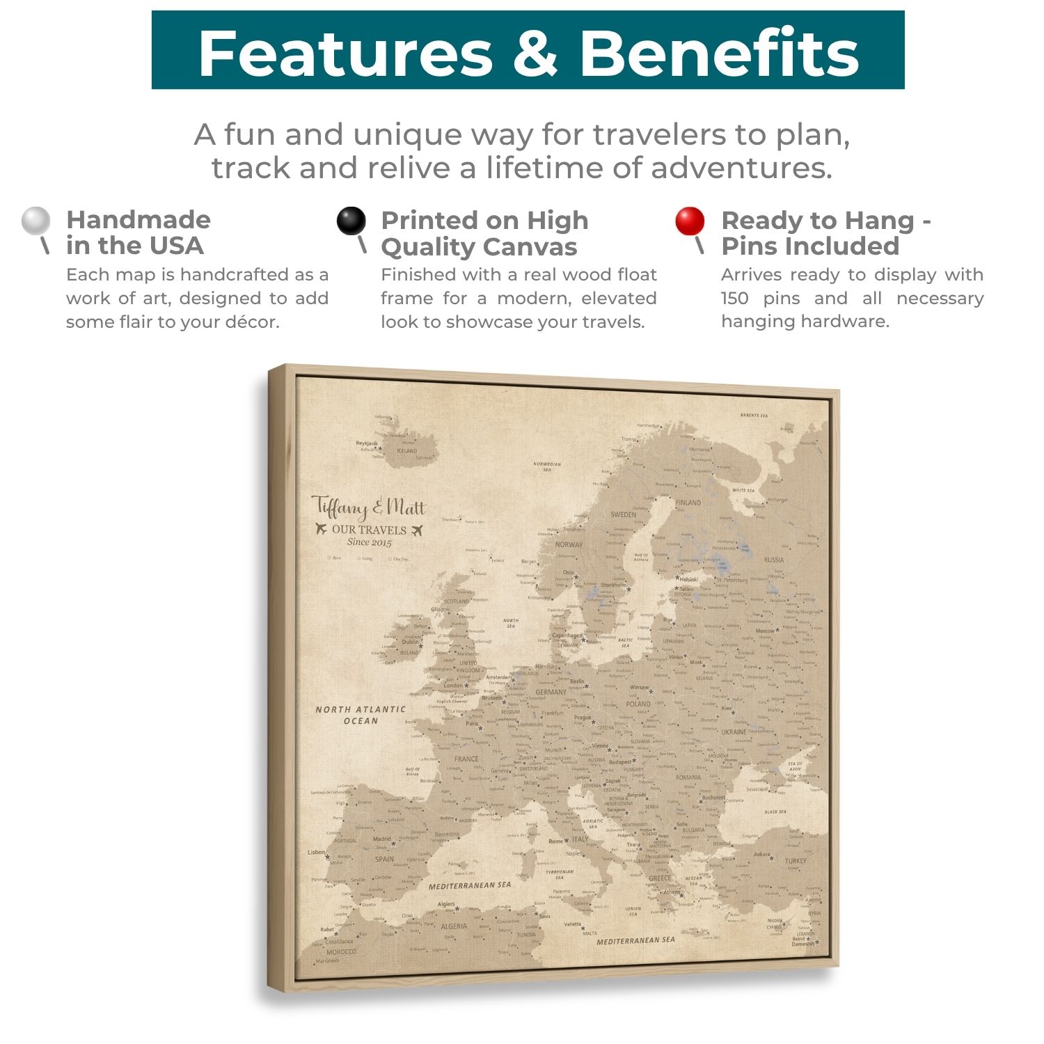 Vintage Europe travel map canvas features benefits infographic showing personalized square framed pin map