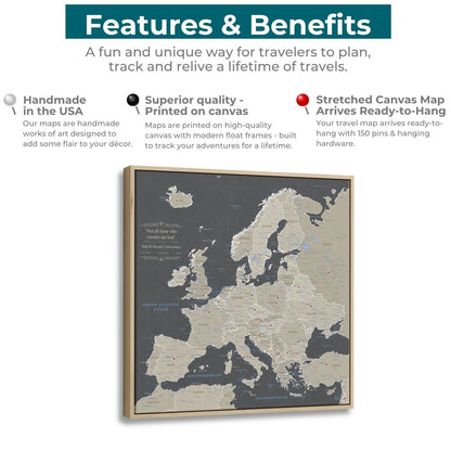 Earth toned Europe travel map canvas with wood float frame and red pins marking visited destinations