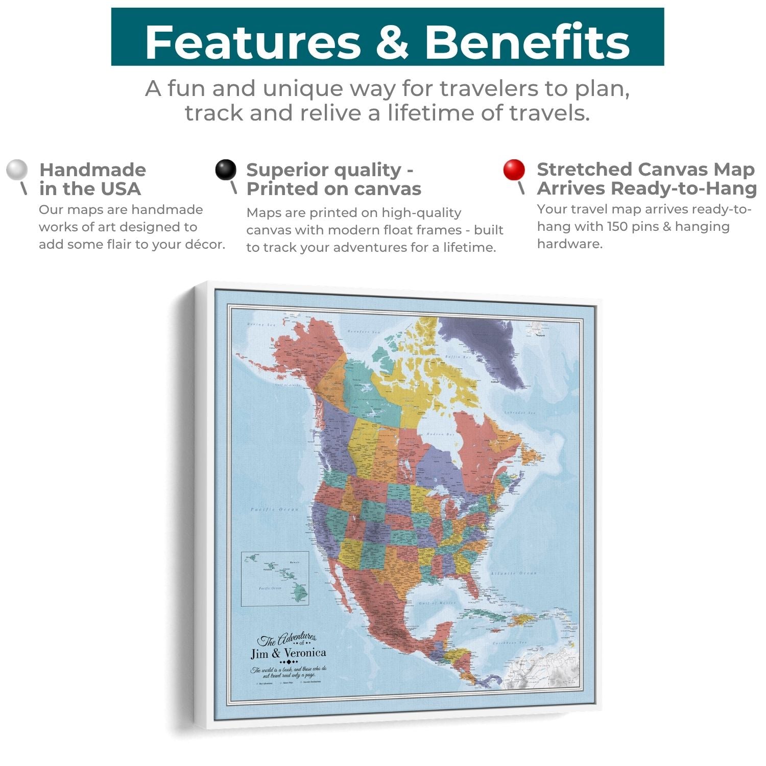 Personalized canvas North America travel map with pins features benefits infographic white frame