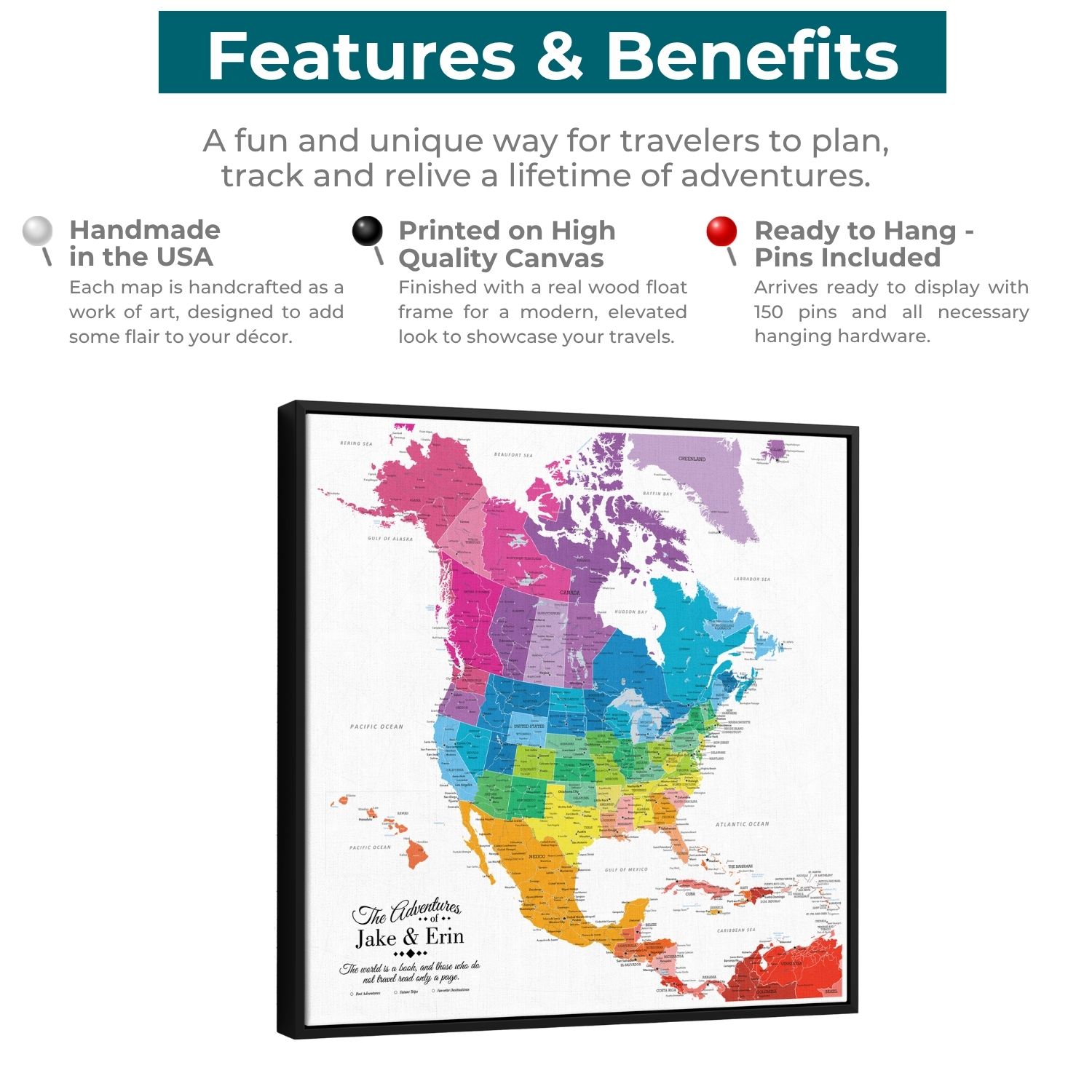 Colorful North America canvas travel map with pins in black float frame featuring rainbow-colored regions