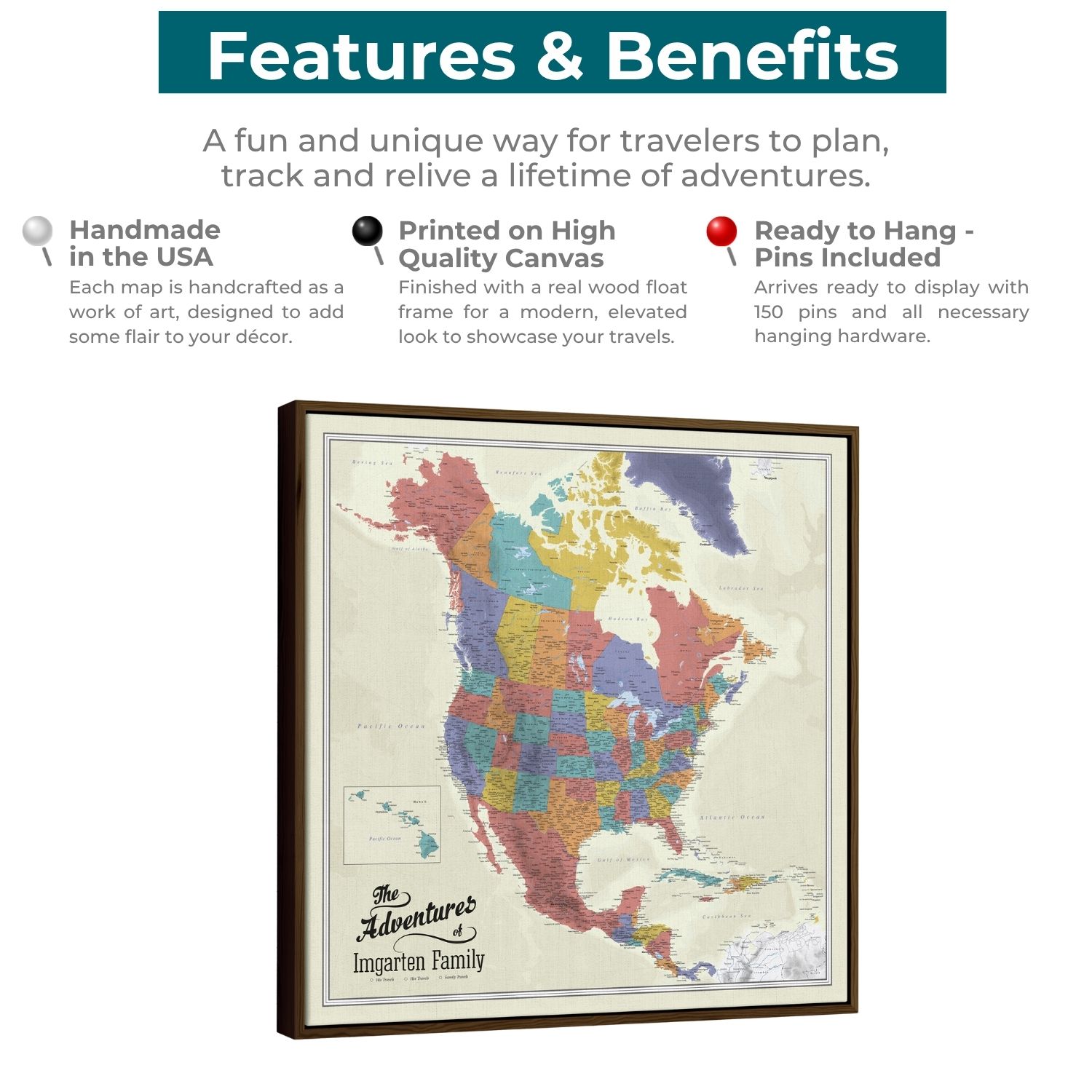 Colorful North America canvas push pin travel map in wood float frame with features callouts