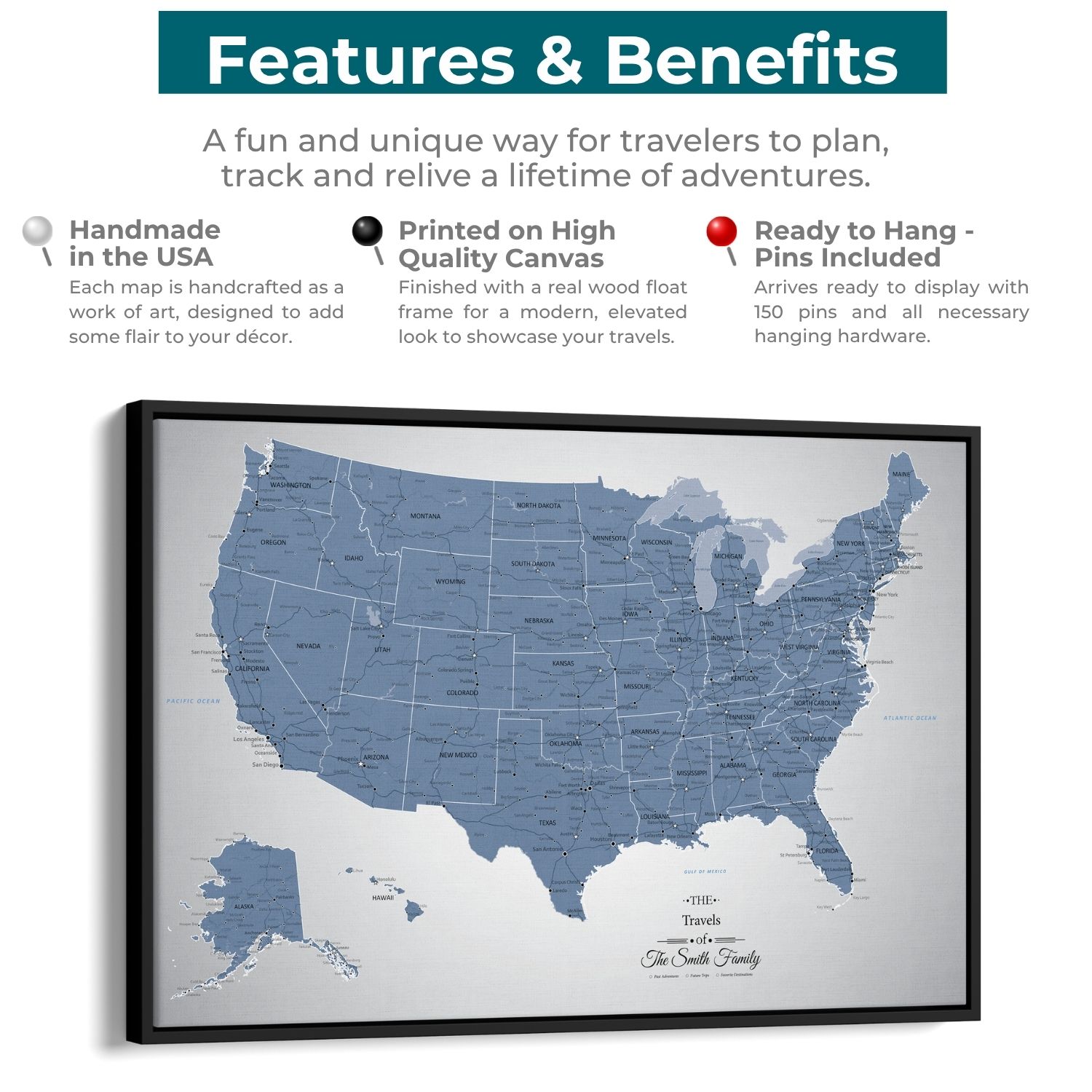 Features and benefits infographic for Blue Ice USA push pin travel map canvas with black float frame