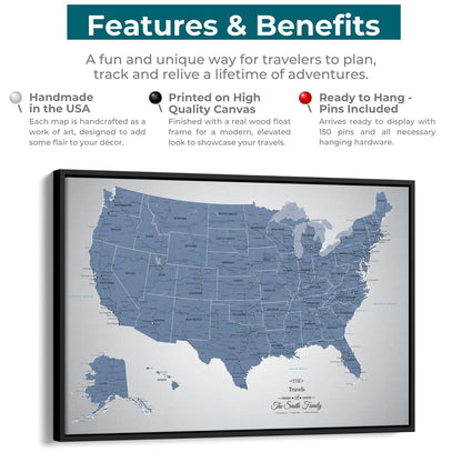 Features and benefits infographic for Blue Ice USA push pin travel map canvas with black float frame