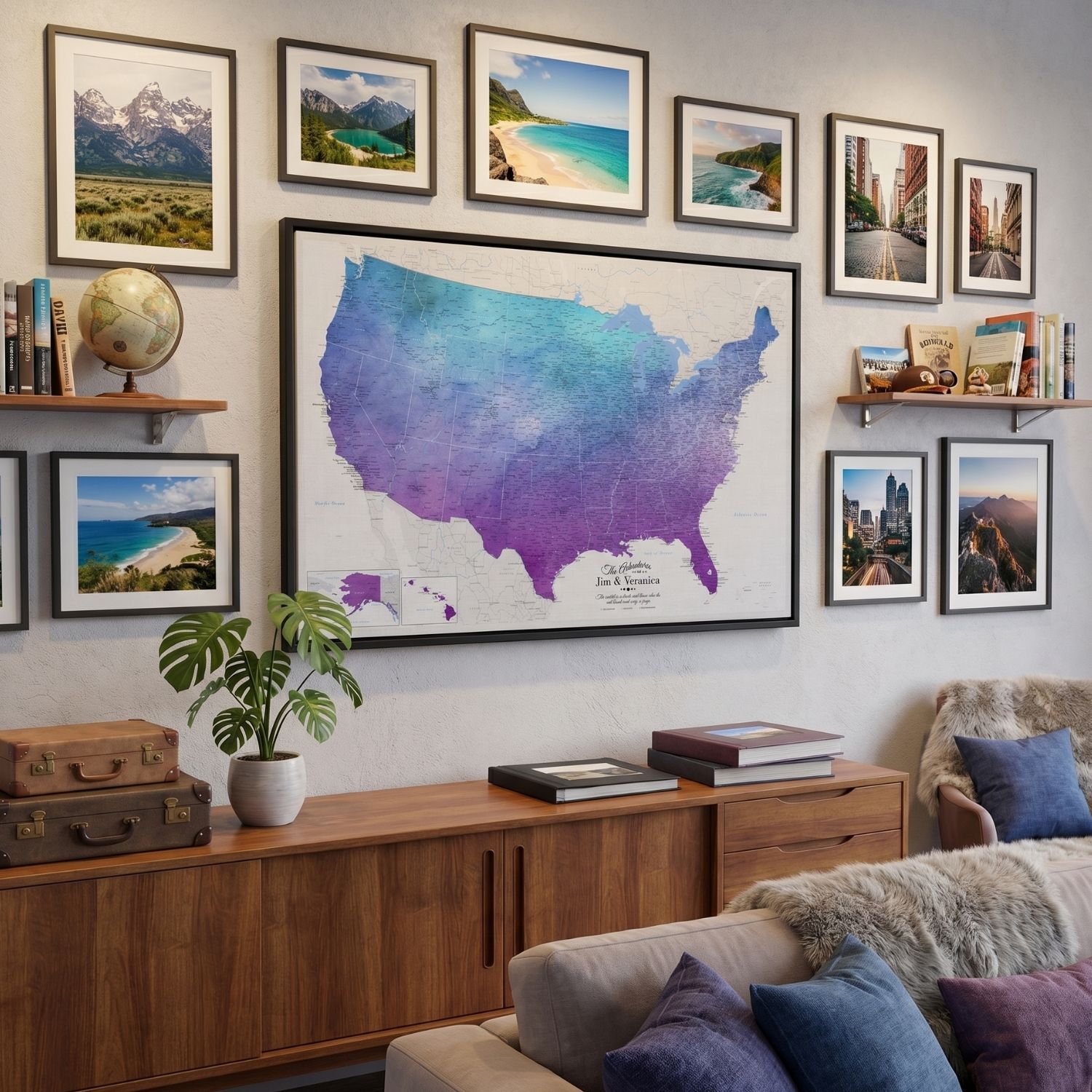 Vibrant violet watercolor USA travel map canvas displayed in cozy living room gallery wall