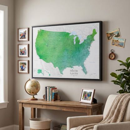 Enchanting Emerald watercolor USA travel map canvas in black frame displayed in cozy living room