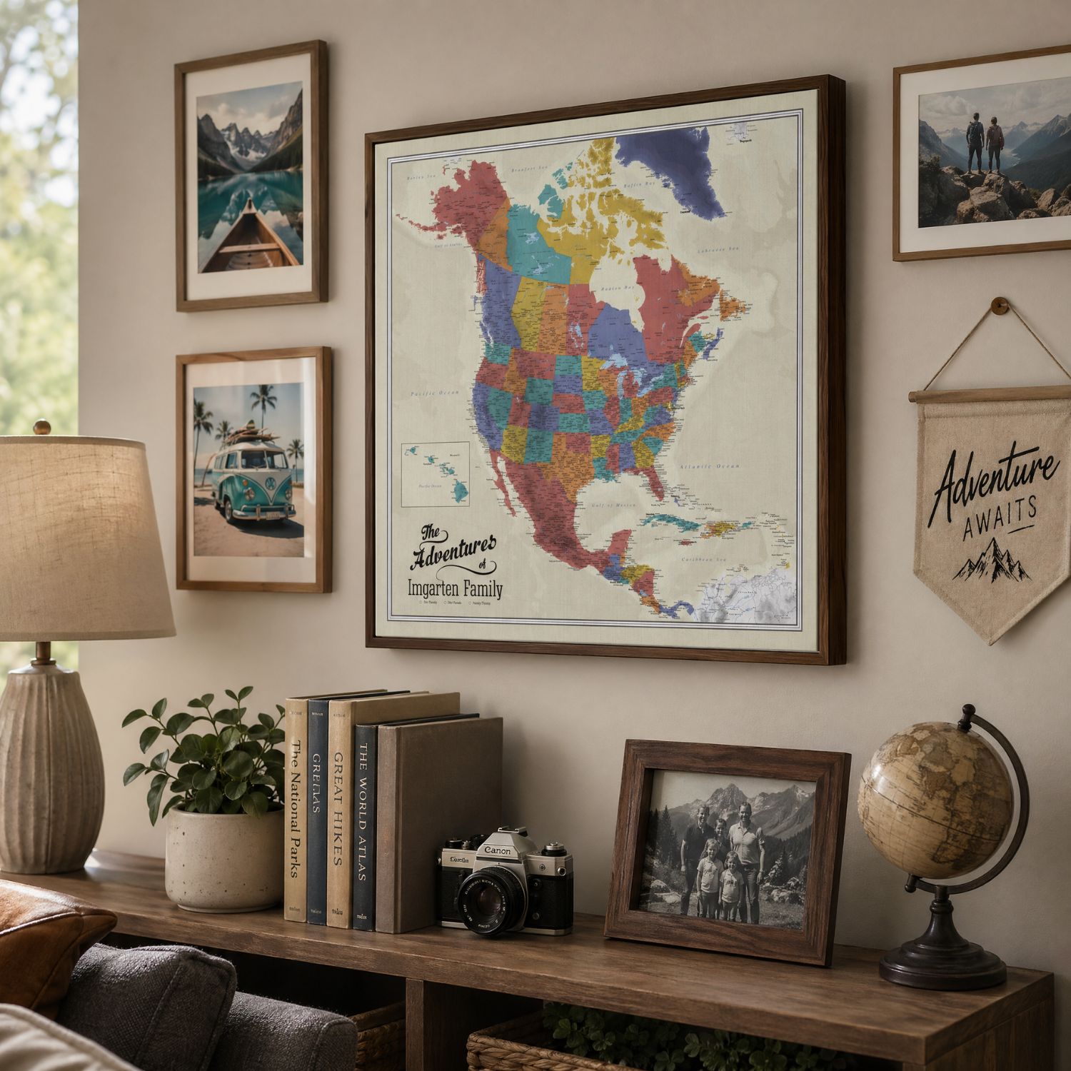 Framed tan ocean North America push pin travel map canvas displayed in cozy travel-themed home office wall gallery