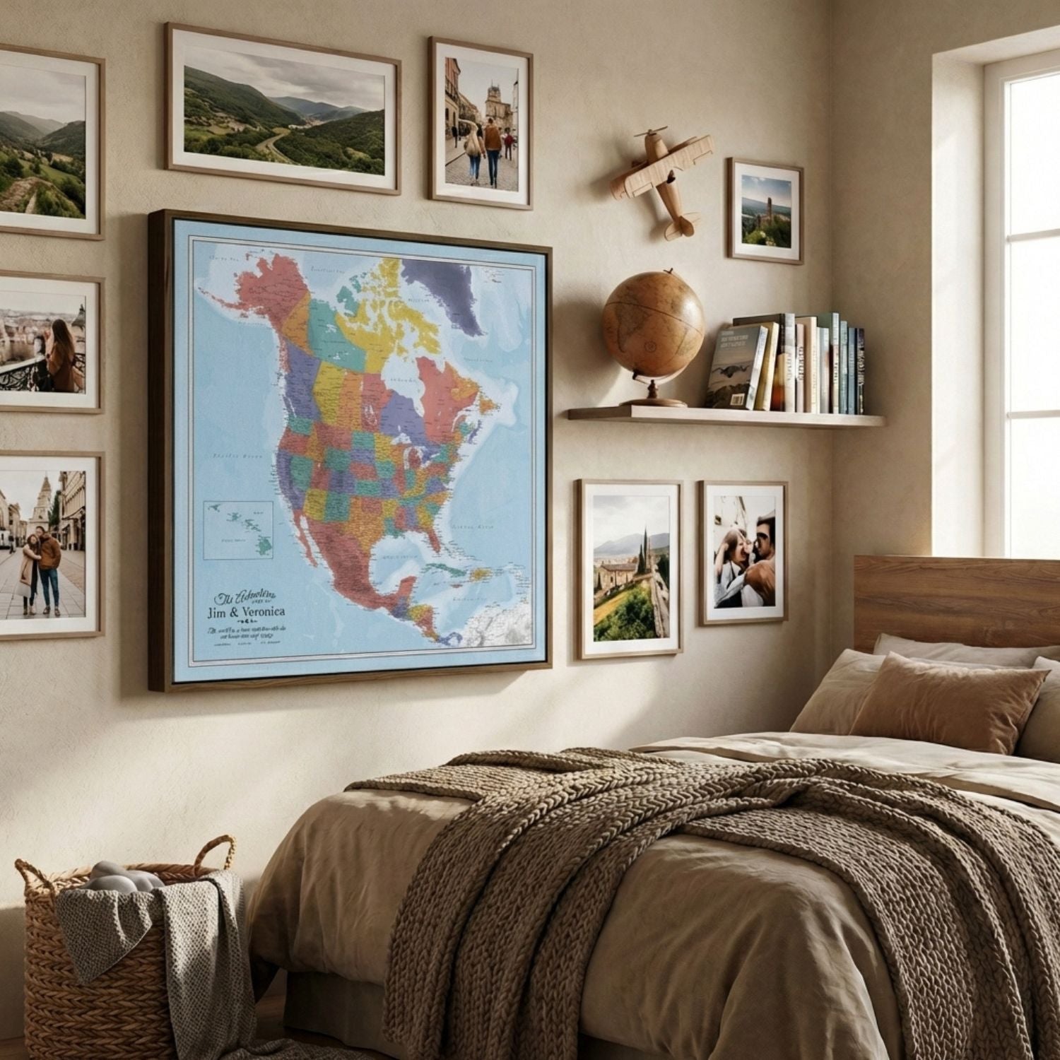 Personalized Blue Oceans North America travel map canvas displayed in cozy bedroom gallery wall