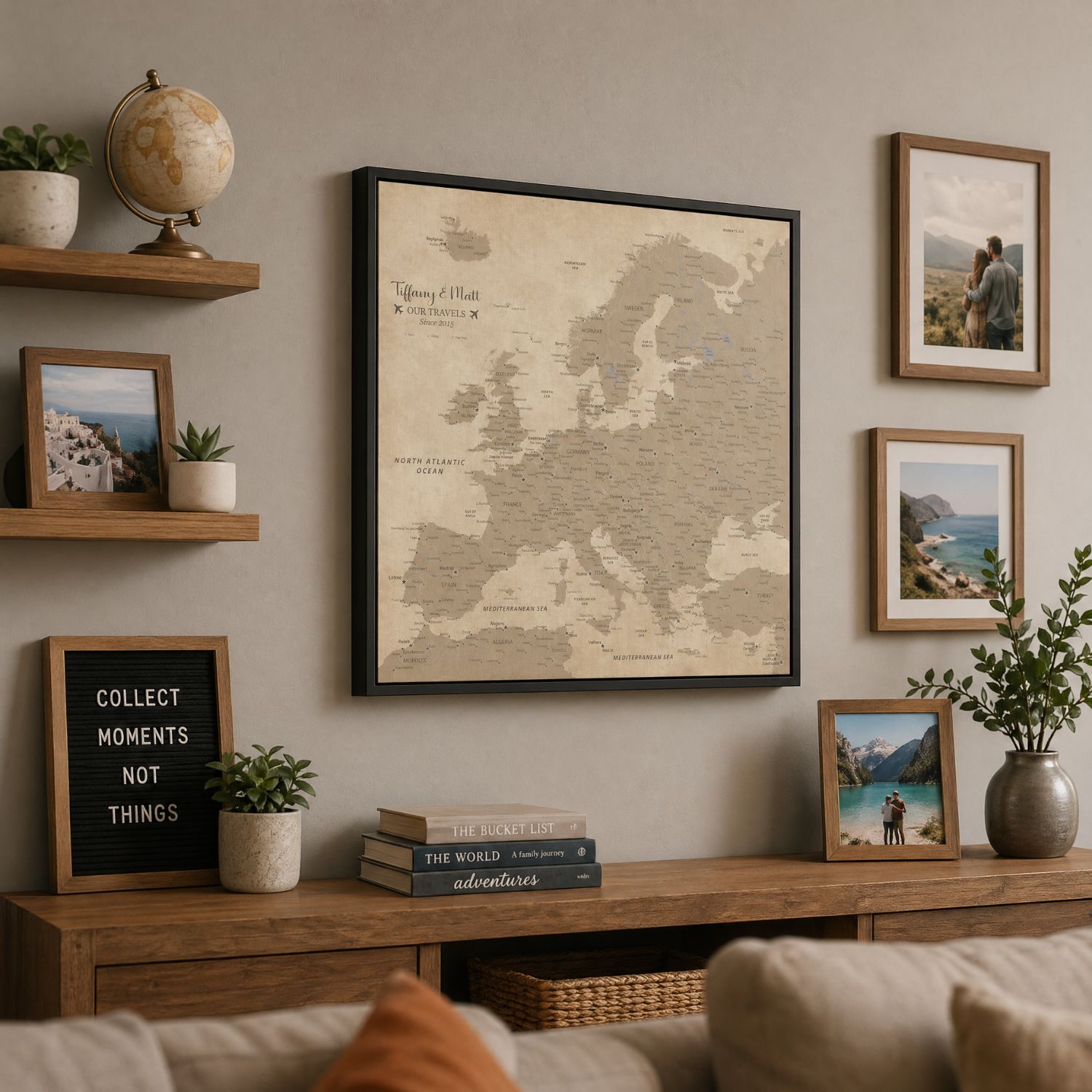 Personalized vintage Europe travel map canvas in black frame displayed in cozy travel-themed living room