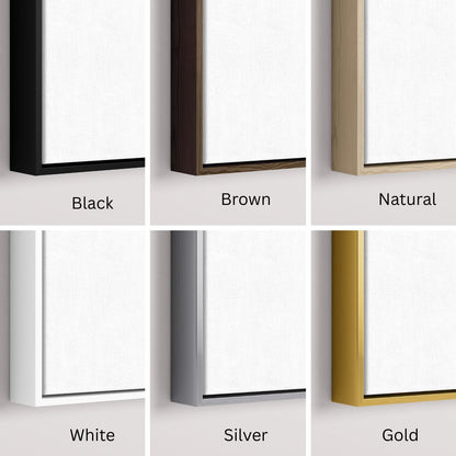 Six frame color options for canvas North America travel map: black, brown, natural wood, white, silver, and gold