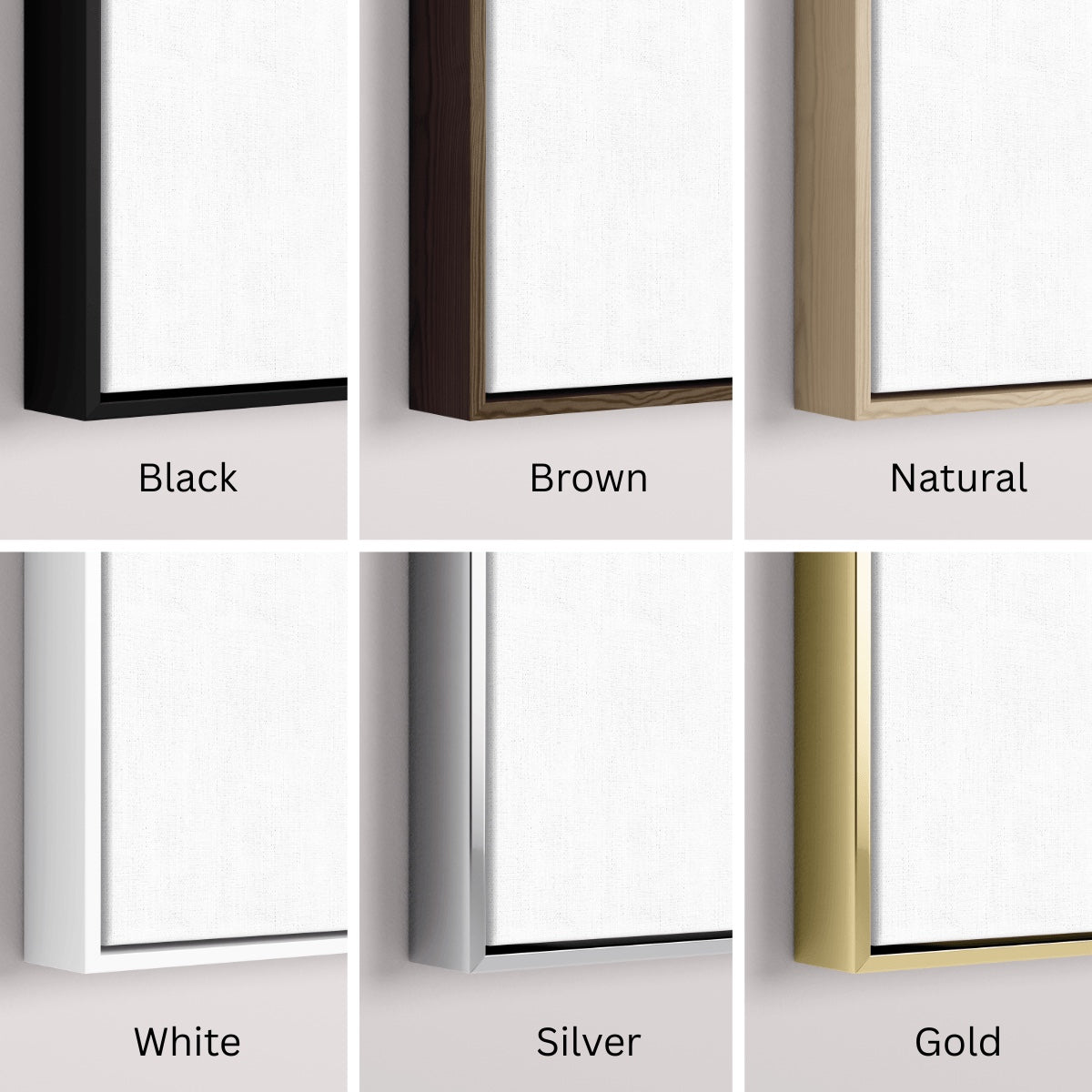Close-up comparison of six canvas frame color options black brown natural white silver and gold