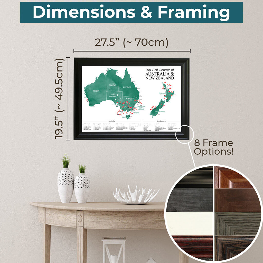 Framed Outer Dimensions of Top Golf Courses of Australia and New Zealand Map