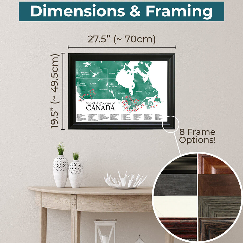 Framed Outer Dimensions of Top Golf Courses of Canada Travel Map