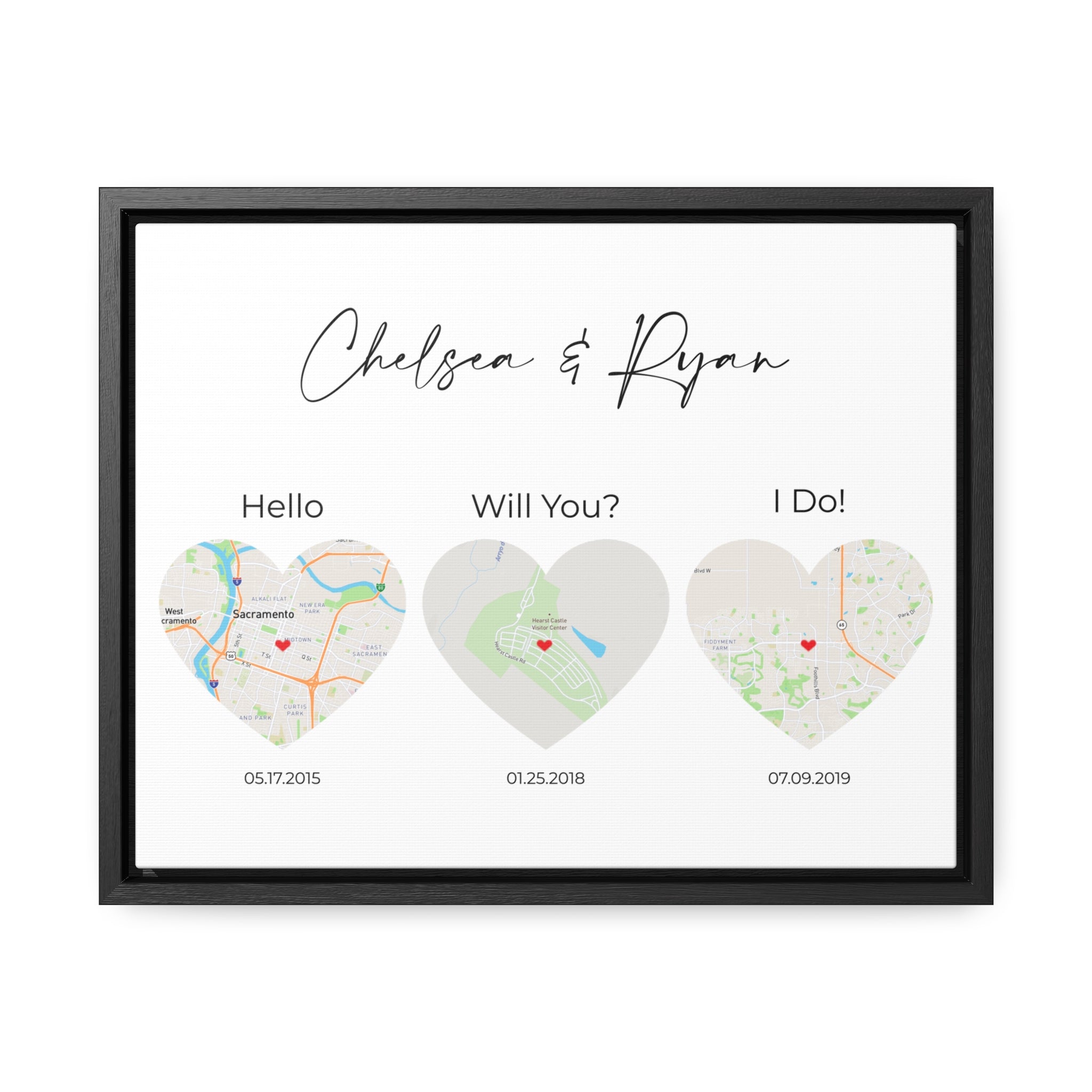 Hello, Will You, I Do Wall Art - 3 Heart Map Art - Where We Met Map - Option 1