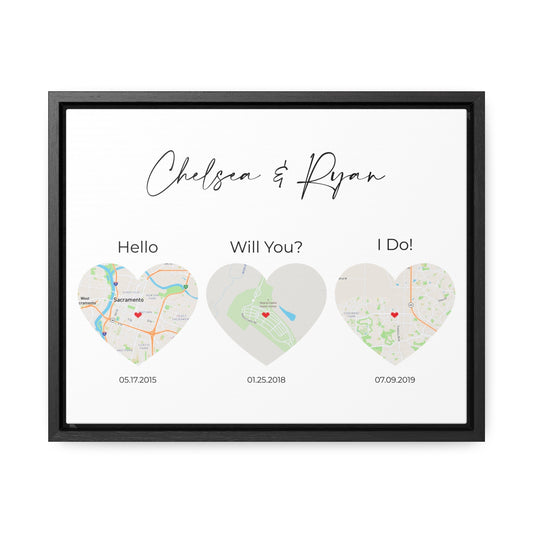 Hello, Will You, I Do Wall Art - 3 Heart Map Art - Where We Met Map - Option 1