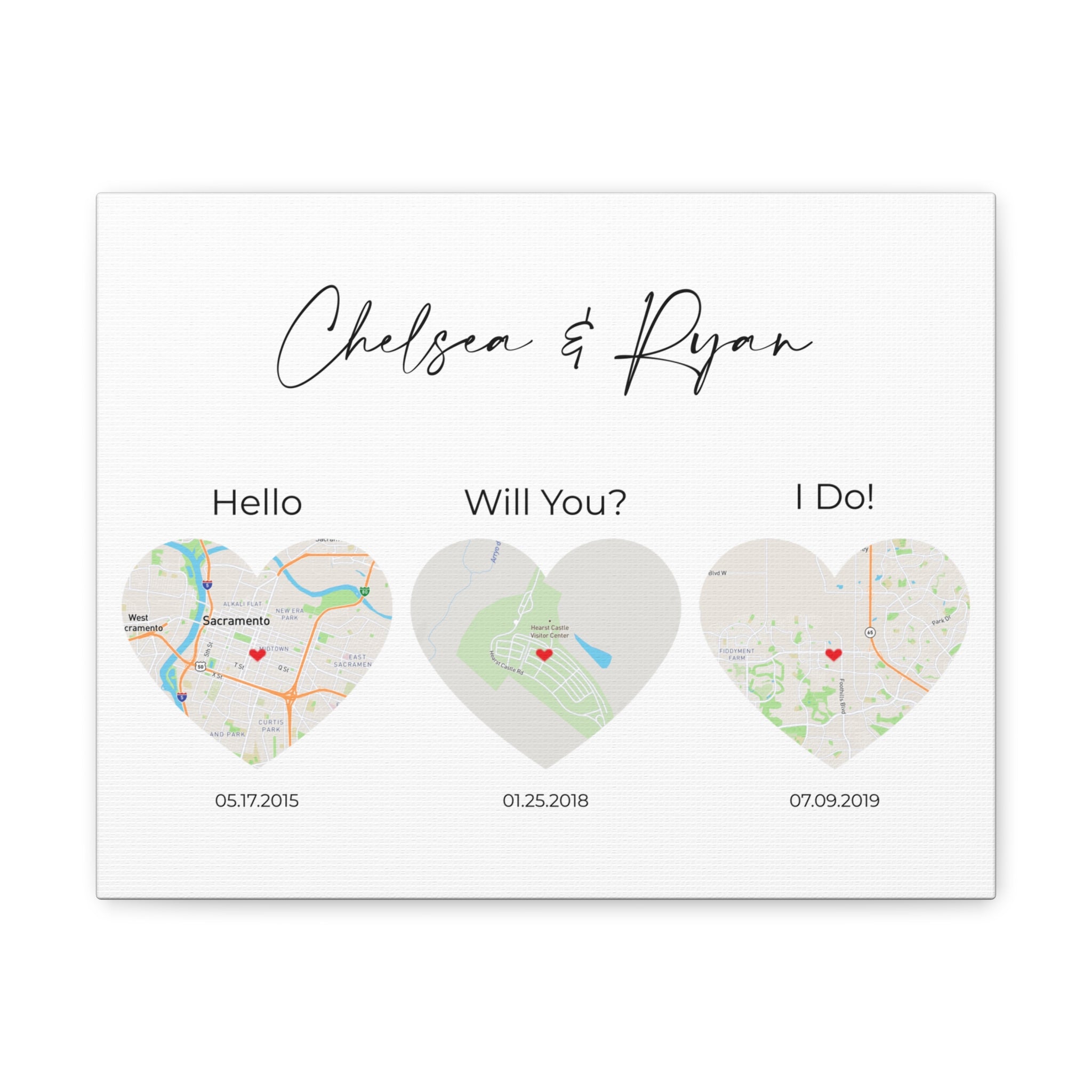 Hello, Will You, I Do Wall Art - 3 Heart Map Art - Where We Met Map - Option 1