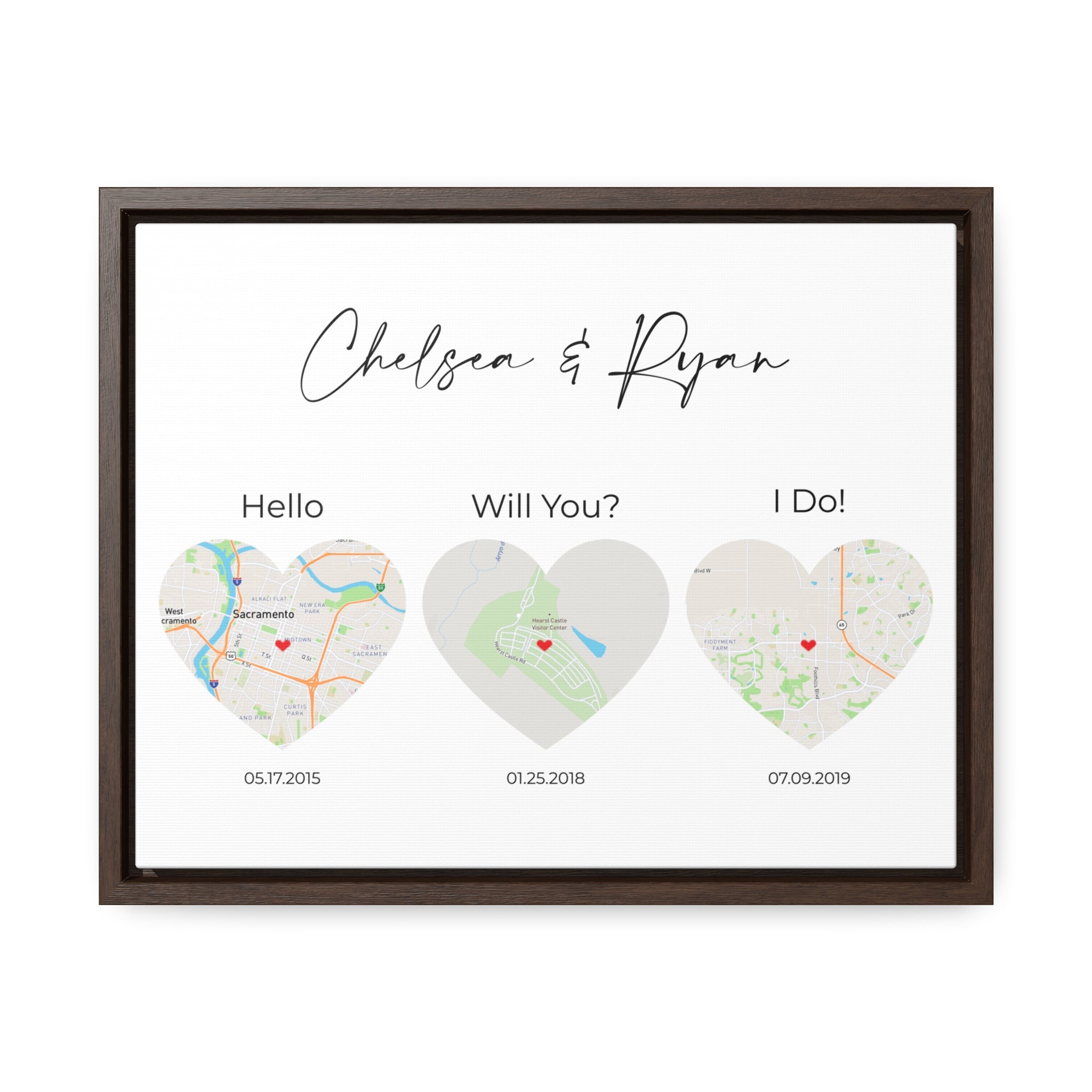 Hello, Will You, I Do Wall Art - 3 Heart Map Art - Where We Met Map - Option 1