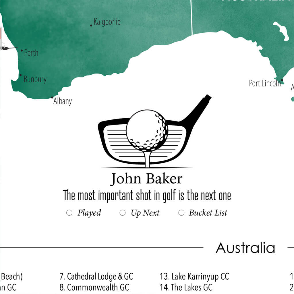 Closeup of Personalization Layout and Location on Australia and New Zealand Golf Course Map